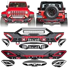 Front and Rear Bumper Upgraded Textured Black Compatible with 2007-2018 Jeep Wrangler JK & JKU w/Winch Plate & 2" Hitch Receiver & D-Rings & LED Lights