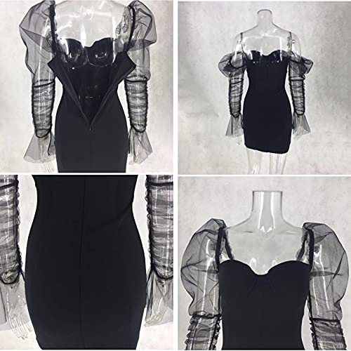 Uni Clau Women Sexy Mesh Sheer Puff Long Sleeve Mini Dress Bodycon Deep V Neck Patchwork Party Clubwear Dress Black L #TOP5