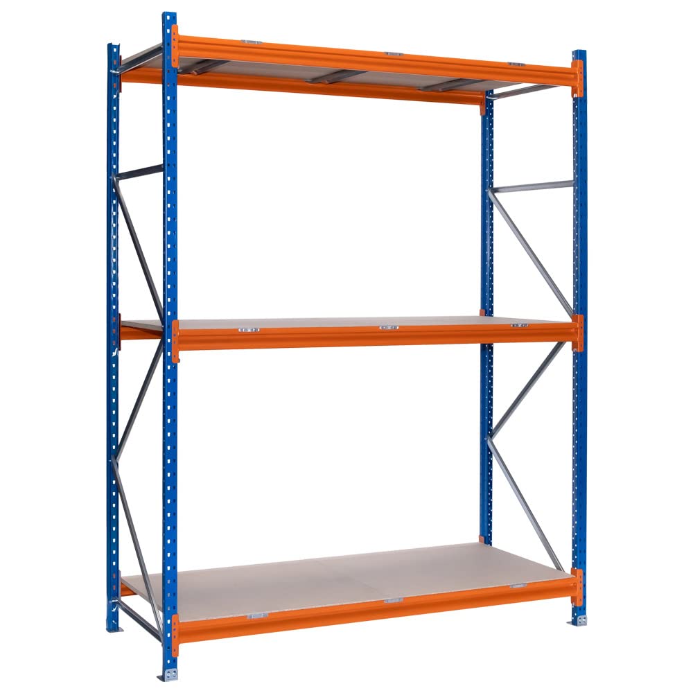 Estantería metálica media carga picking para almacenaje, sin tornillos, 2000x1200x600 mm (HxWxD) color Azul y naranja con 3 niveles de aglomerado ajustables en altura, soporta hasta 1150 kg por balda