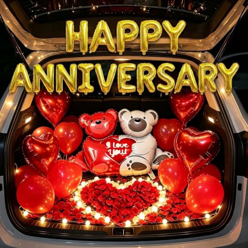 Image of Happy Anniversary Decorations,Romantic Love Wedding anniversary Balloons Set For Husband Wife Boyfriend Girlfriend Couple With Happy Anniversary Banner,Red Rose,Big Love-bear Heart Balloons