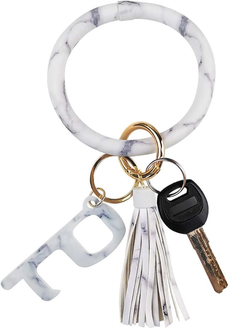 Leather Bracelet Key Ring Bangle Keyring, Tassel Ring Circle Key Ring Keychain Wristlet with No Touch Key Door Opener