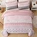 WONGS BEDDING Boho Quilt Set Queen, Bohemian Pink Striped Patchwork Bedspread Coverlet Set with 2 Pillowcases,Lightweight Microfiber Floral Bedding Set 96