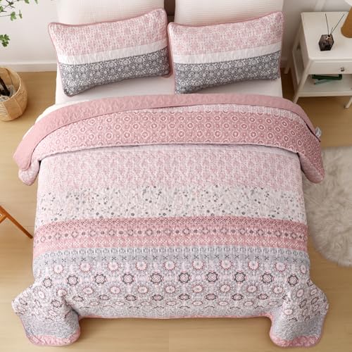Parure de lit bohème microfibre légère patchwork floral rayé rose Queen