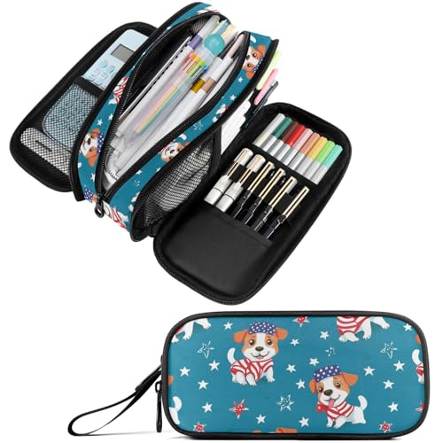Image of Fustylead Patriotic Jack Russell Terrier and Stars Large Pencil Case Portable Stationery Bag Cosmetics Bag with Handle for School Office Travel