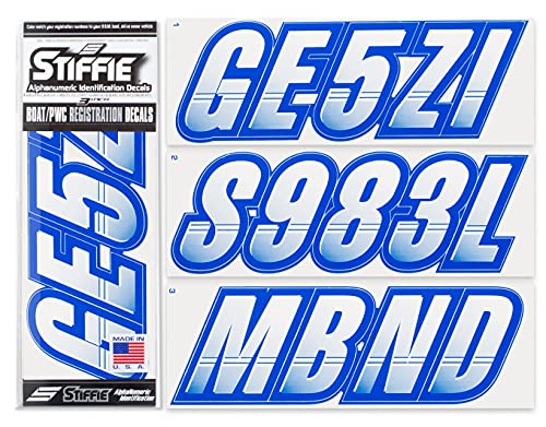 Image of STIFFIE Techtron White /Blue 3 inch Alpha-Numeric Registration Identification Numbers Stickers Decals for Boats & Personal Watercraft
