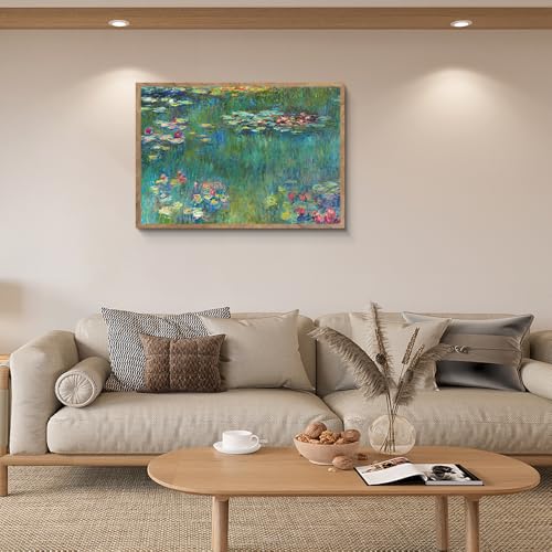 阪画屋 クロード・モネ 「睡蓮 」アートパネル アートボード ポスター 玄関 壁画 壁掛け 壁飾り 部屋飾り 飾り絵 絵 絵画 油絵 ソファの背景画 インテリア 現代 モダン フレーム 額付き 木枠付きの完成品 木目調 キャンバス 風水 風景画 プレゼント ギフト 40×30 [5]
