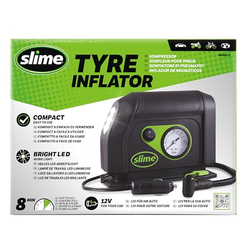 Image of Slime 40050 Tire Inflator, Portable Car Air Compressor, with Analog 100 psi Dial Gauge, Long Hose and LED Light, 12V, 8 min Inflation