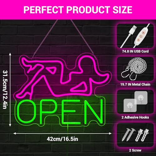 Image of Open Neon Signs, 16.5 inchx12.5 inch Pink Lady LED Bar Neon Lgiht Sign for Wall Decor, Bar, Restaurant Hotel, Shop, Club Decor Party Wall Art, USB Powered with Adjustable Brightness Switch