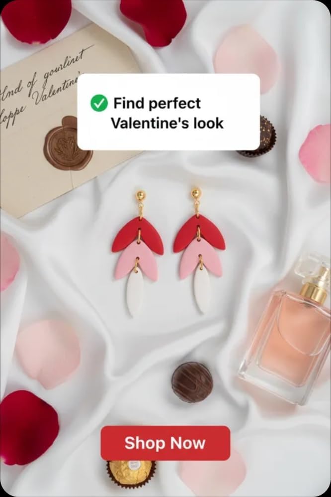 Lightweight Polymer Clay Dangle Earrings, Red Pink White Layered Petal Design, Hypoallergenic, Valentine's Day - Image 4