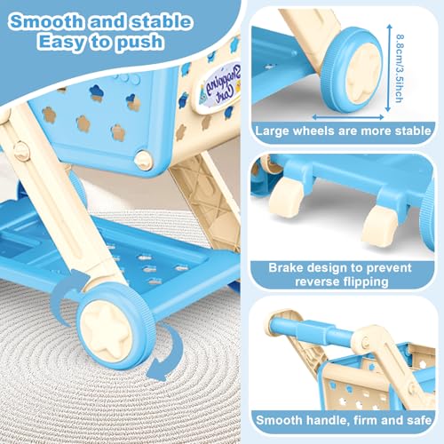 RedCrab Shopping Trolley Toy for children, Kids 75PCS Pretend Supermarket Shopping Cart Playset with Food Shop Accessories, Adjustable Store Basket Grocery Store Games for Ages 3+ (Blue) - Image 7