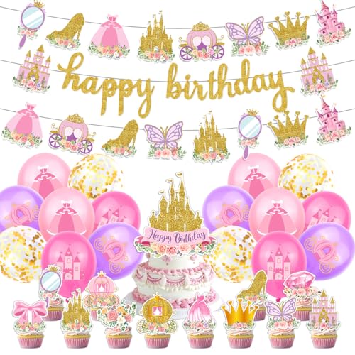 Set de 30 pièces de décoration de ballons pour princesses roses, décorations d'anniversaire pour filles, comprenant des ballons, des banderoles...