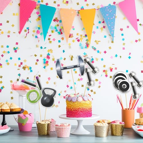 Image of Set of 15,Gym Theme Centerpiece Sticks,Weight Lifting Motion Table Toppers,Biceps Dumbbells Kettlebells Bodybuilding Cupcake Picks,Fitness Themed Birthday Party Decorations