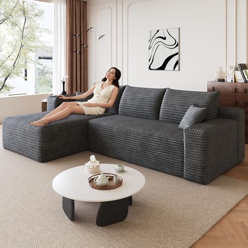 Image of 95 inch Modular Sectional Sofa, Modern Corduroy Cloud Couch with Side Pockets, Boneless Couch Upholstered 3-Seater L-Shaped Sofa for Living Room, No Assembly Required (Dark Gray,Left-Facing Chaise)