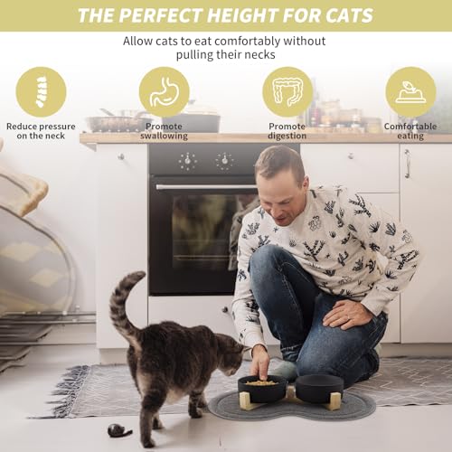 Zosenyer Katzennapf, 2 Stück Keramik Futternapf Katze Set, 3-in-1 rutschfeste Katzennäpfe mit Holzstände und Matten, Fressnapf und Wassernapf für Katzen und Kleine Hunde