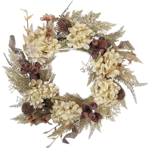 BINFEN 18 Inch Winter Fall Wreaths for Front Door, Boho Front Door Wreath, Fake Dried Hydrangea Flowers, Burlap, Pampas Fall Decorations for Home Farmhouse Front Porch