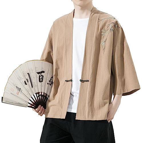 Image of Mens Kimono Cardigan Cotton Linen Japanese Shirt 3 /4 Sleeve Haori Yukata | Skin-Friendly Solid Color Lightweight Shawl Collar Kimono Robe Embroidery Button Tie Pockets Happi Coat All Season Daily Wear