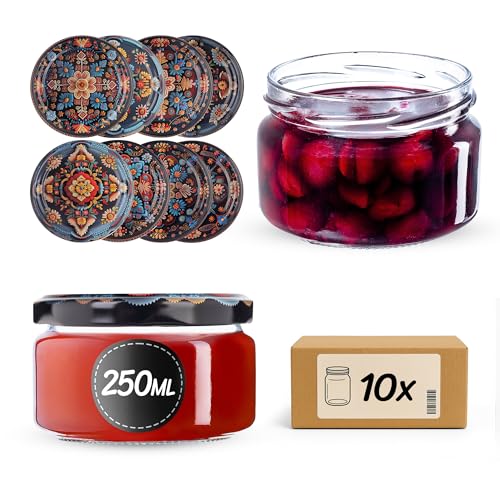 KADAX Zestaw 10 słoików na dżem 250 ml z zakręcanymi pokrywkami Ø 82 mm w kolorze symetrycznym – hermetyczne, nadają się do mycia w zmywarce, idealne do marmolady, chutneys, marynowanych warzyw, mięsa