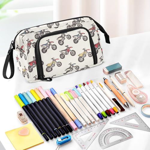 Image of Fisyme Motocross Dirt Bike Vintage Pencil Case Large Capacity Pen Bags Box Big Makeup Pouch Organizer