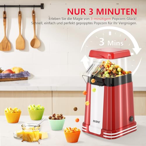 YASHE Popcornmaschine Retro, 1200 W Heißluft-Popcornmaschine mit Messbecher, One-Touch, Ölfrei, Perfekt für Heimkino, Filmabende, Partys