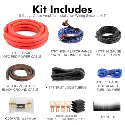 Image of 1 /0 Gauge (0 AWG) Pure OFC Amplifier Wiring Kit 6000W - Heavy Duty Car Audio Power Cable with Fuse Holder & RCA | for High Power Subwoofer & Big 3 Upgrade | Verify 0.33 inch OD Fits Your Amp