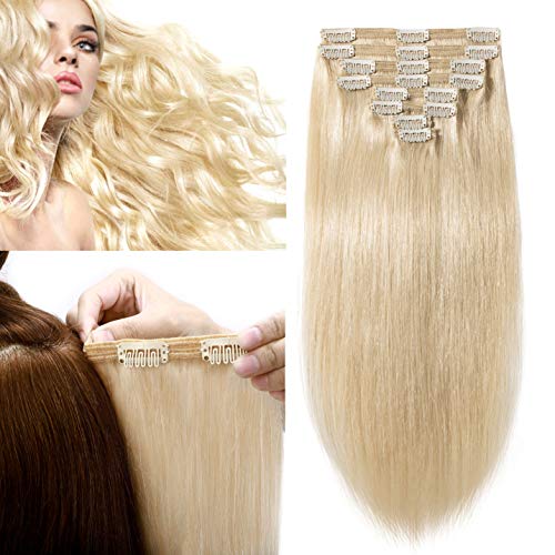 S-noilite Double Weft Clip in Human Hair Extensions Thick 12 Inch 115g 8 PCS 18 Clips Full Head Thick Soft Straight Long Clip on Extensions Human Hair Balayage for Pretty #60 Platinum Blonde
