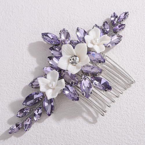 Peine para cabello con flores y rhinestones morado claro miniatura 4