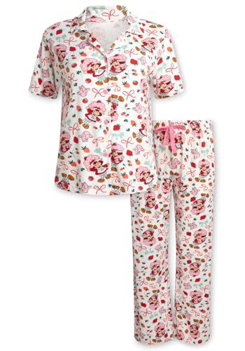 Image of COCO BRANDS Strawberry Shortcake Womens Pajama Sets - 2 Piece Soft Stretch Button Down Sleep Shirt and Pajama Pants