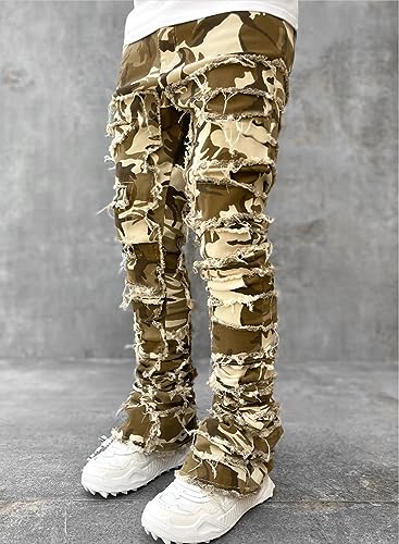 Jeans for Men Stretch Fit Skinny Stacked Ripped Destroyed Jeans Slim Fit Patch Y2K Denim Pants Slim Fit Trousers Streetwear Camo4