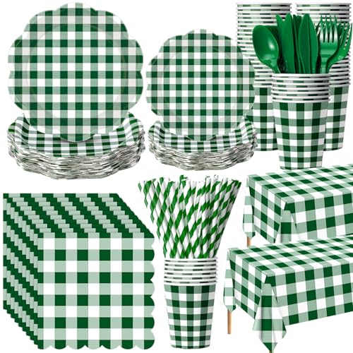 Image of Funnymoom 452 Pcs Green Gingham Party Supplies for 50, Dark Green Plaid Checkered Paper Plates Napkins Cups Tablecloth Cutlery Straws for Holiday Birthday Baby Shower Party Decoration