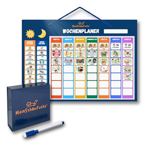 MeinSchlaufuchs® Wochenplaner Kinder - Montessori Magnettafel inkl. 250 Magnete, Aufbewahrungsbox, Kordel & Stift - beschreib- & abwischbar - Routine Planer Kinder