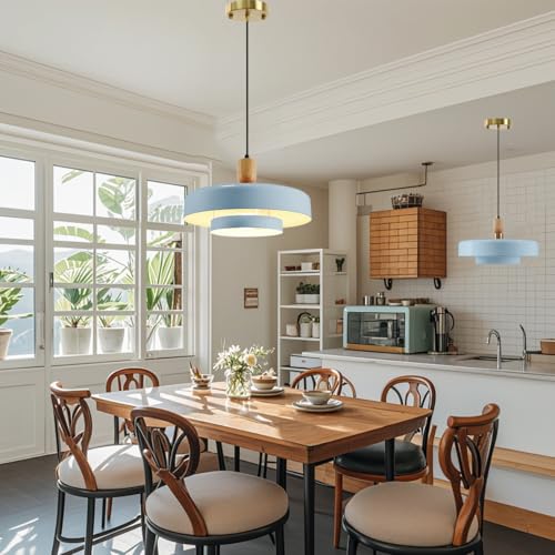 Image of Light Blue Pendant Light, Mid-Century Modern Wood Hanging Lamp | Adjustable 59 inch Cord, Fits Flat / Sloped Ceilings, E26 Socket, Ideal For Kitchens, Dining Rooms, Bedrooms, Living Rooms