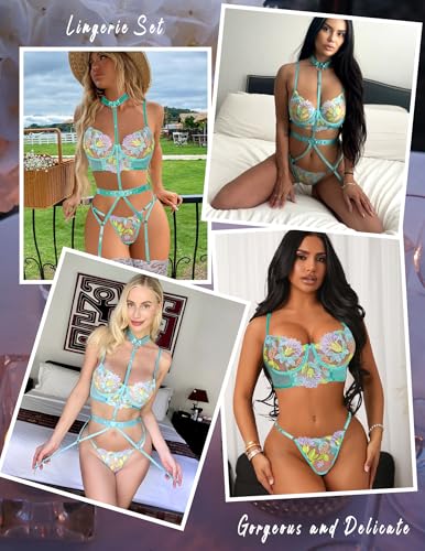 Image of Avidlove Garter Lingerie Sets for Women Sexy with Removable Choker Floral Embroidered Underwire Lingerie (No Stockings)