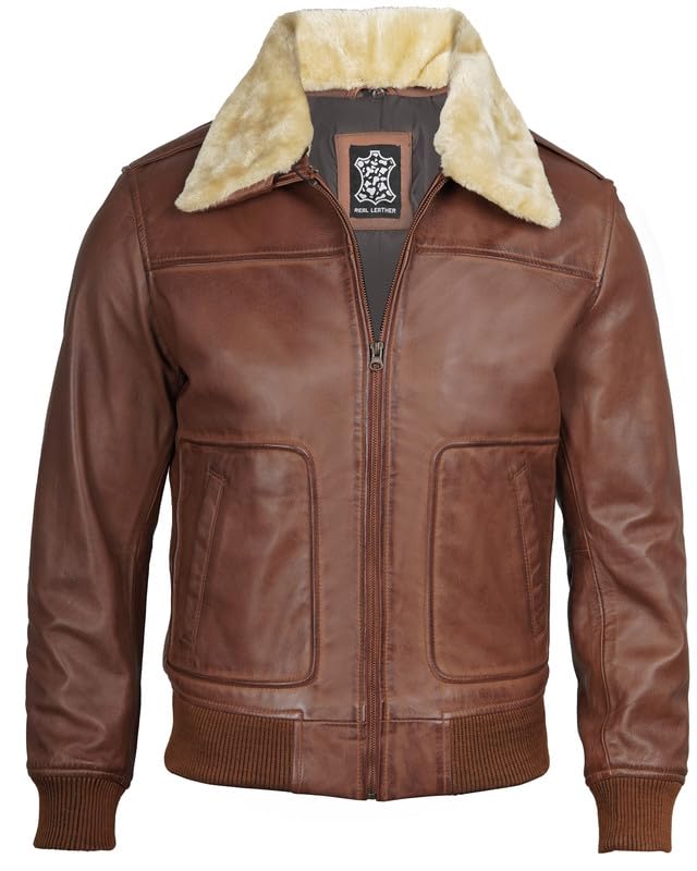 Image of Blingsoul Disc Temp Shearling Collar Leather Jacket for Men | [1129217] Garrett Cognac, 3XL