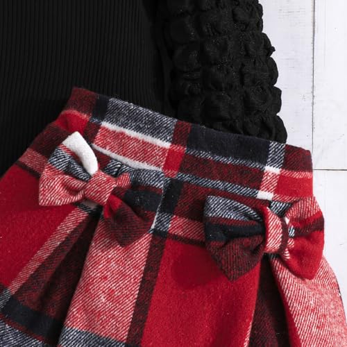 Image of Noubeau Toddler Girls Plaid Outfits Girls Puff Sleeve Knit Ribbed Shirt Tops Plaid Skirt Set Kids Fall Winter Clothes