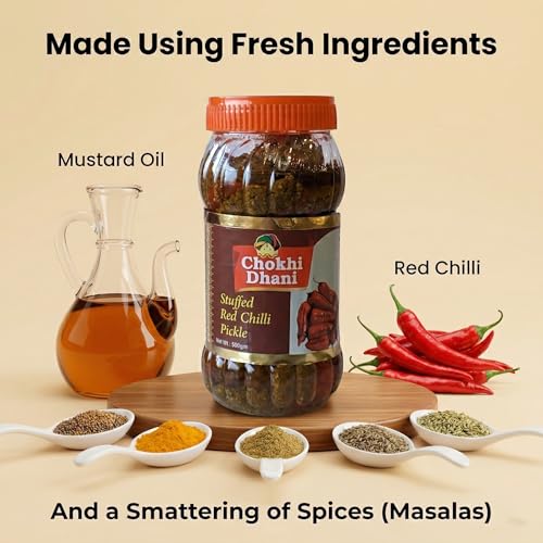 Image of Chokhi Dhani Stuffed Red Chilli Pickle 500g | Bharwa Lal Mirch Achar | Mustard Oil Indian Pickle | Spicy & Tangy | No Preservatives | Homemade Style | Veg