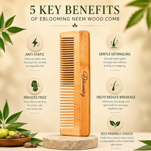 Image of Neem Wooden Hair Comb | Dual Tooth Wooden Comb for Women & Men | Wide & Fine Tooth Detangling Comb | Smooth Rounded Teeth for Everyday Hair Care & Styling | 1 Piece