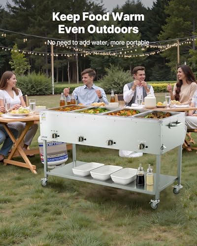 Image of VEVOR 4-Pan Commercial Propane Steam Table, LP Gas Outdoor Soup Warmer with Drain Valve and 3 inch Wheels, Stainless Steel Propane Food Warmer with Independent Temp Control, for Restaurant Outdoor Camping