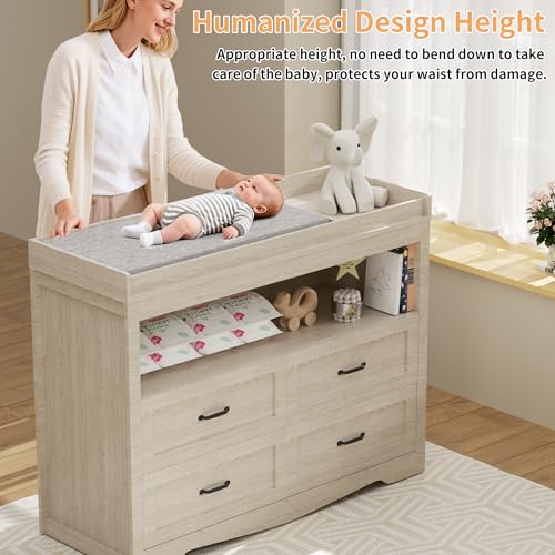 Image of 47.2 inch Beige Nursery Dresser with 4 Drawers and 1 Open Shelf Changing Table Dresser with Changing Table Top Diaper Changing Station with Storage for Nursery Children's Room