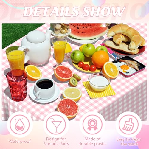 Image of 12Pack Pink and White Plastic Checkered Tablecloth, Premium Decorative Disposable Pink Gingham Plaid Table Cloths for Parties, Rectangle Party Table Cover for Picnic Farm Birthday Wedding, 54x108 Inch