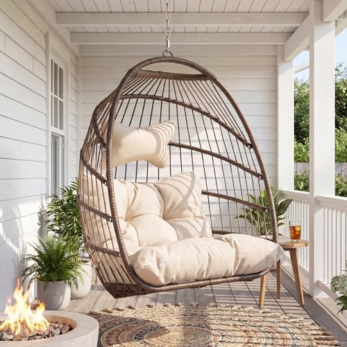 BULEXYARD Heavy-Duty Egg Swing Chair Without Stand 350 Lbs Foldable Rattan Hanging Hammock with Cushion All-Weather Basket Seat for Outdoor Patio Bedroom Pergola Tree or Ceiling Mount Brown Tan
