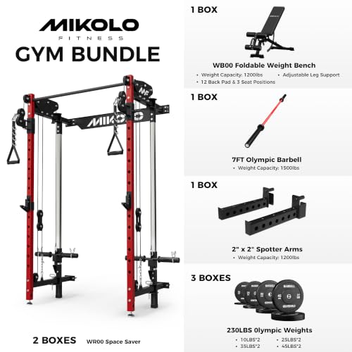 Image of Mikolo Folding Squat Rack, Wall Mounted Power Rack with Cable Crossover Machine & LAT Pull Down, Functional Trainer with 5 Adjustable Function Modes, Home Gym Package