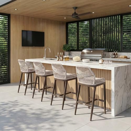 Image of PURPLE LEAF Bar Stools Set of 2 Outdoor Bar Height Metal Stools Modern Wicker Rattan Barstools with Back Aluminum Outside Garden Patio Bar Chairs, Bronze