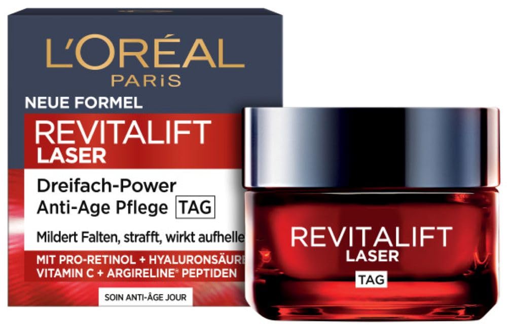 L'Oréal Paris Anti-Aging Tagescreme mit Dreichfachpower für Frauen, mit Pro-Retinol, Hyaluronsäure und Vitamin C – gegen Falten, straffende Feuchtigkeitspflege, Revitalift Laser 1 x 50ml