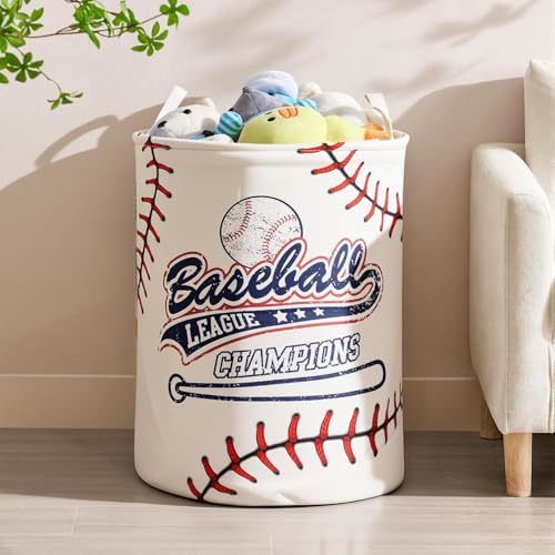 Image of 2Pcs Basketball Cute Kids Laundry Basket Baby Nursery Hamper Boys Room Decor Foldable Oxford Cloth Funny Tote Clothes Storage Bucket Organizer For Bedroom (Baseball)