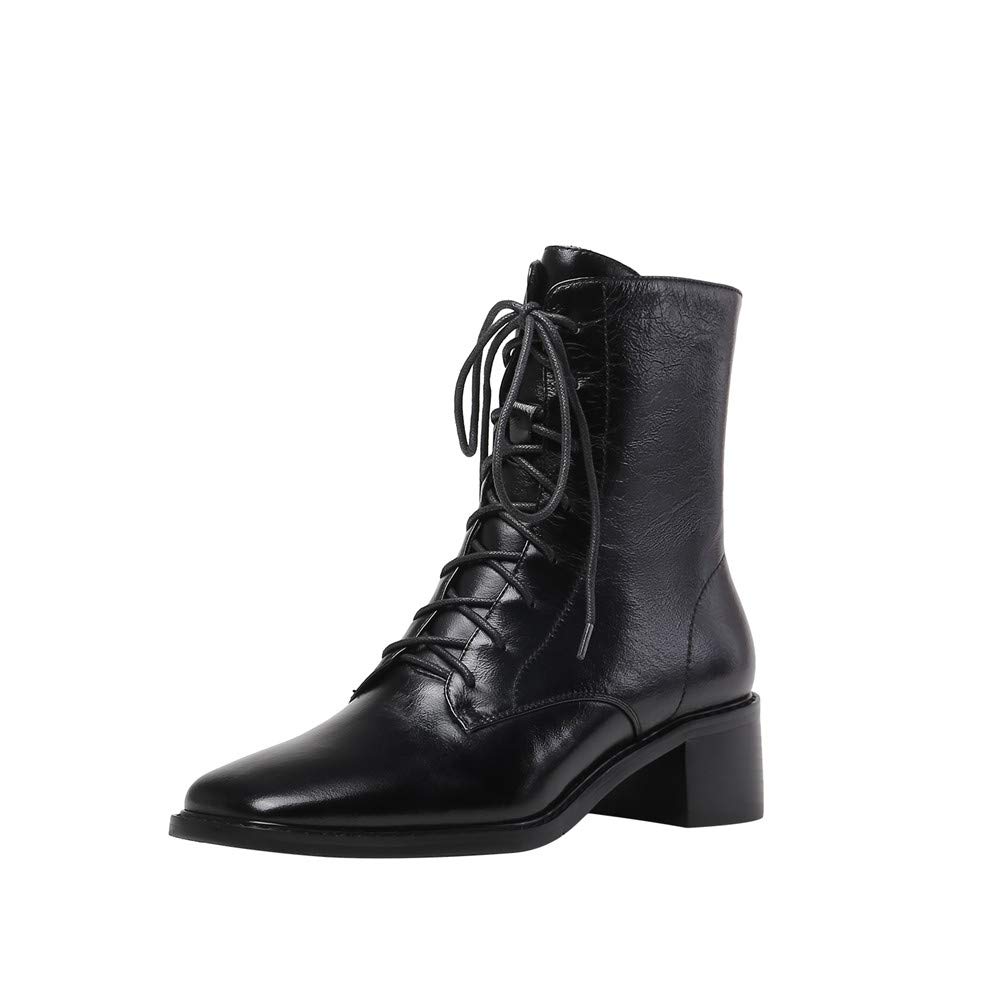 TinaCus Womens Genuine Leather Square Toe Selftie Handmade Side Zip Low Chunky Heel Vintage Boots