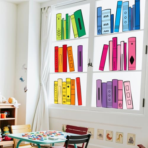 Image of Whaline 9 Sheets Back to School Window Clings Colorful Bookshelf Window Decal Rainbow Color Books Reusable Anti-Collision Glass Sticker for First Day of School Classroom Decor