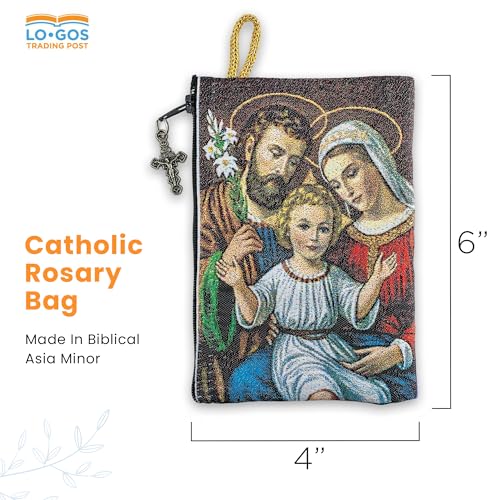 Image of TREE OF LIFE REV. 22:14 Catholic Rosary Pouch, Holy Family & God is Love, 4 inch x 6 inch Jewelry & Coin Purse with Cross, Small Woven Tapestry Icon Bag, Bolsa de Rosario Catolico para Joyeria