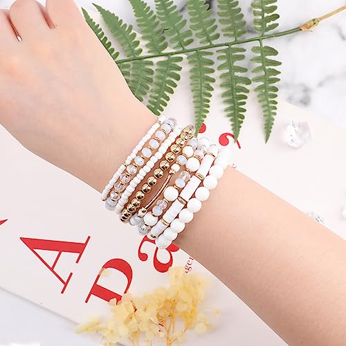Ideajoy White Bracelet Bohemian Multi-Layer White Beaded Stacking Bracelets, 8 Pcs Versatile Strand Stretch Sparkly Crystal Beads Wrap Slip-On Cuff Bangle Set thumb #4