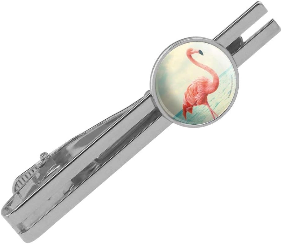 Flamingo on Beach Starfish Retro Round Tie Bar Clip Silver Color Plated