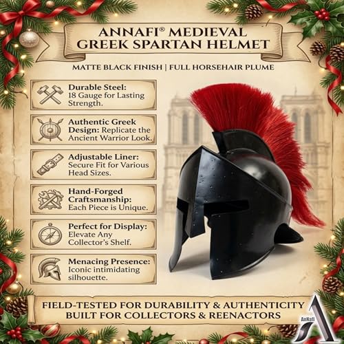 Image of AnNafi Medieval Greek Spartan Helmet 300 Movie King Leonidas Roman Helmet Black Finish w Red /Black Plume | Legions Helmets